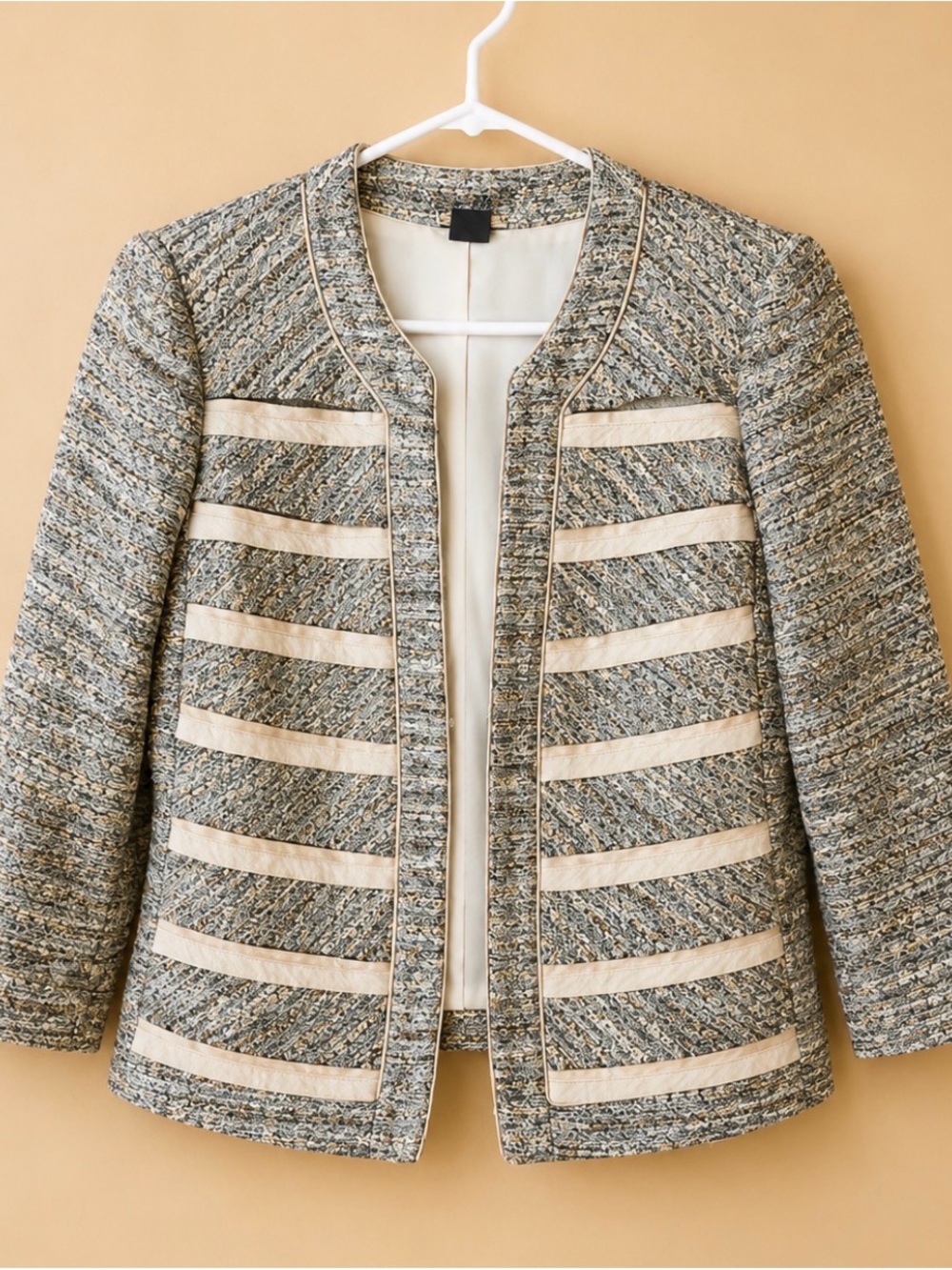 White House Black Market Beige and Gray Tweed Open-Front Jacket
